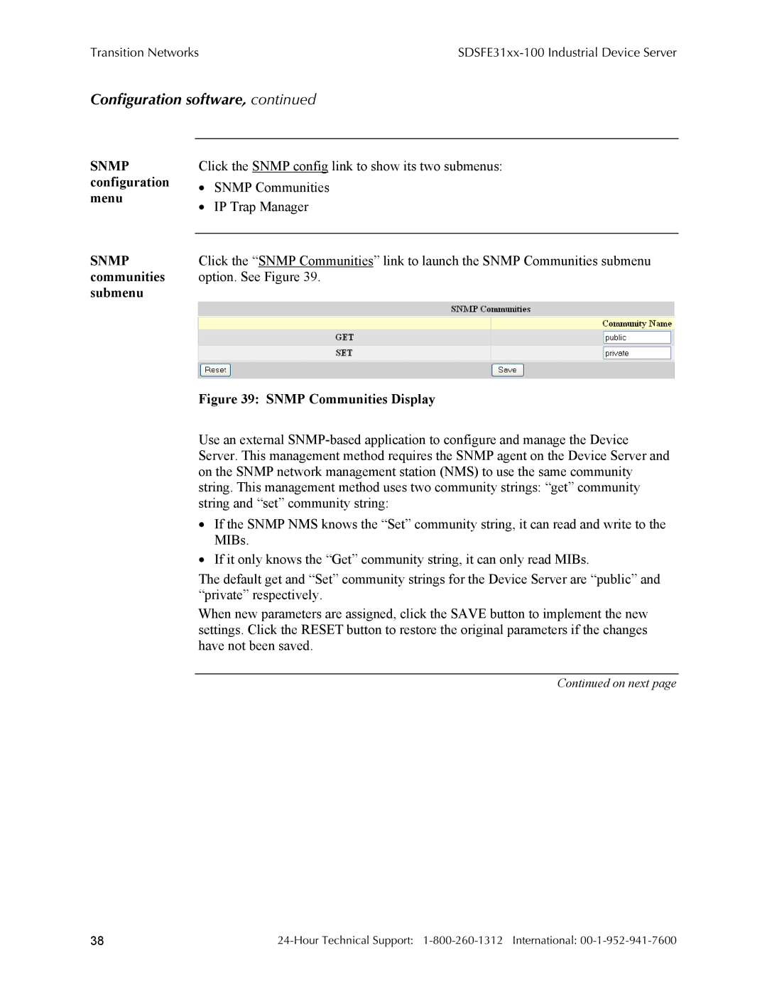 Transition Networks RS-232-TO-100BASE-FX manual Snmp configuration menu Snmp communities submenu, Snmp Communities Display 