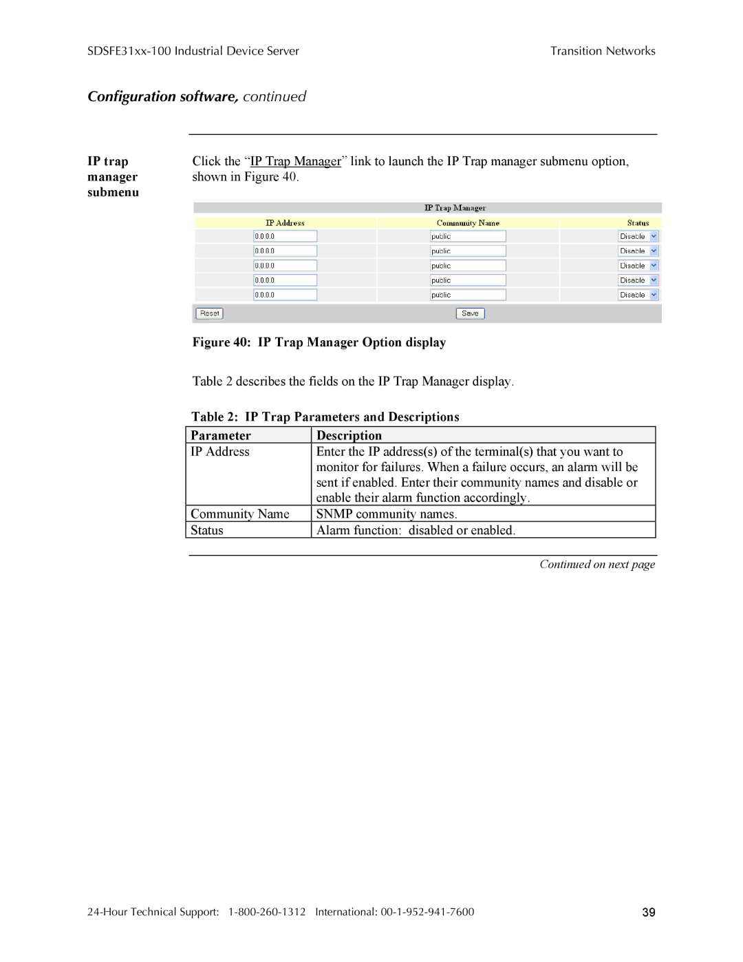 Transition Networks SDSFE31XX-100 Describes the fields on the IP Trap Manager display, IP Trap Parameters and Descriptions 