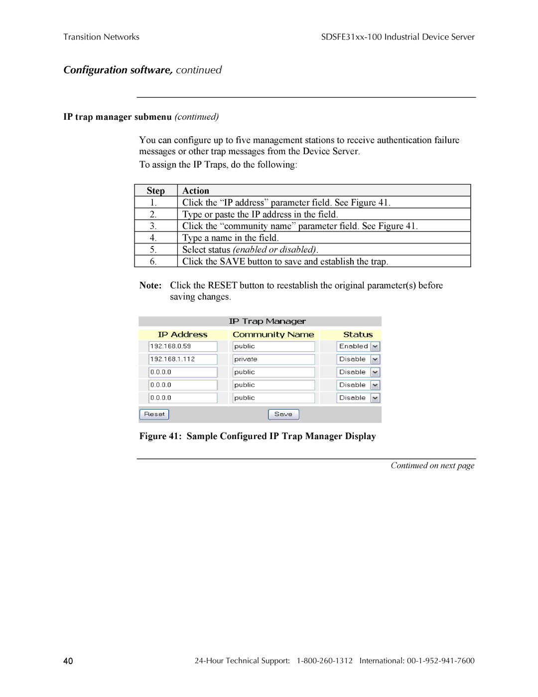 Transition Networks RS-232-TO-100BASE-FX, SDSFE31XX-100 manual IP trap manager submenu 