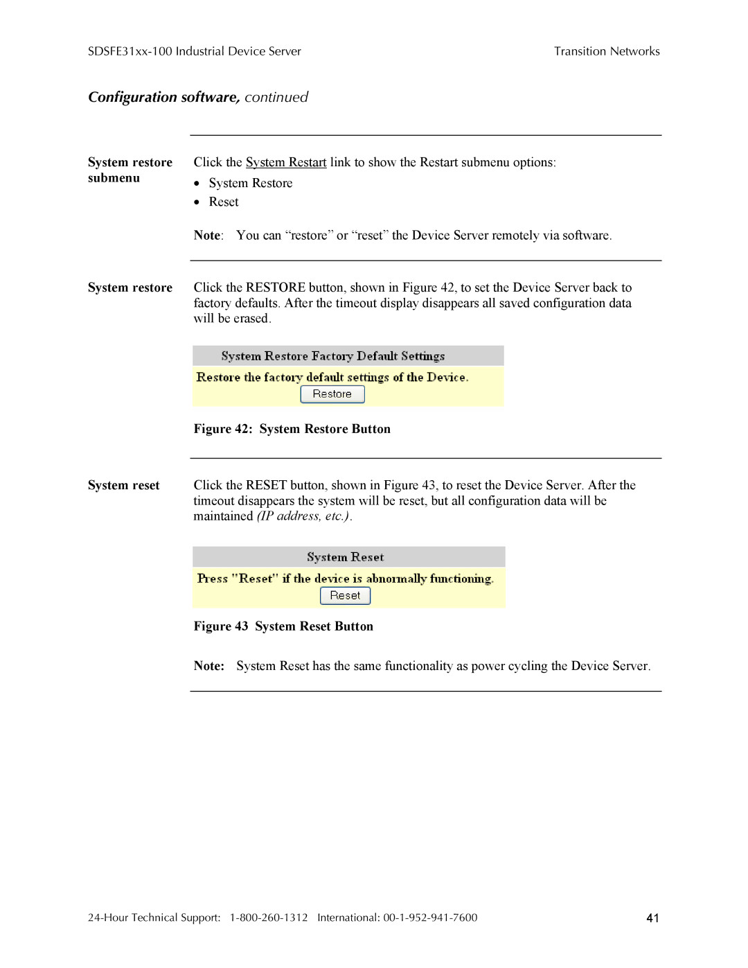 Transition Networks SDSFE31XX-100, RS-232-TO-100BASE-FX manual System restore, System Restore, Reset, Will be erased 