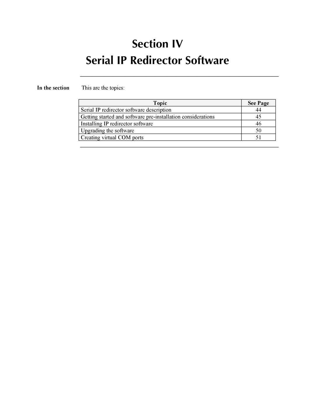 Transition Networks SDSFE31XX-100, RS-232-TO-100BASE-FX manual Section Serial IP Redirector Software, This are the topics 