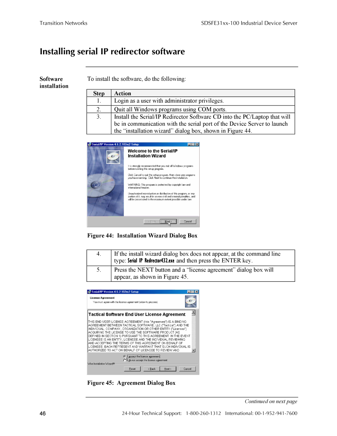 Transition Networks RS-232-TO-100BASE-FX manual Installing serial IP redirector software, Installation Wizard Dialog Box 