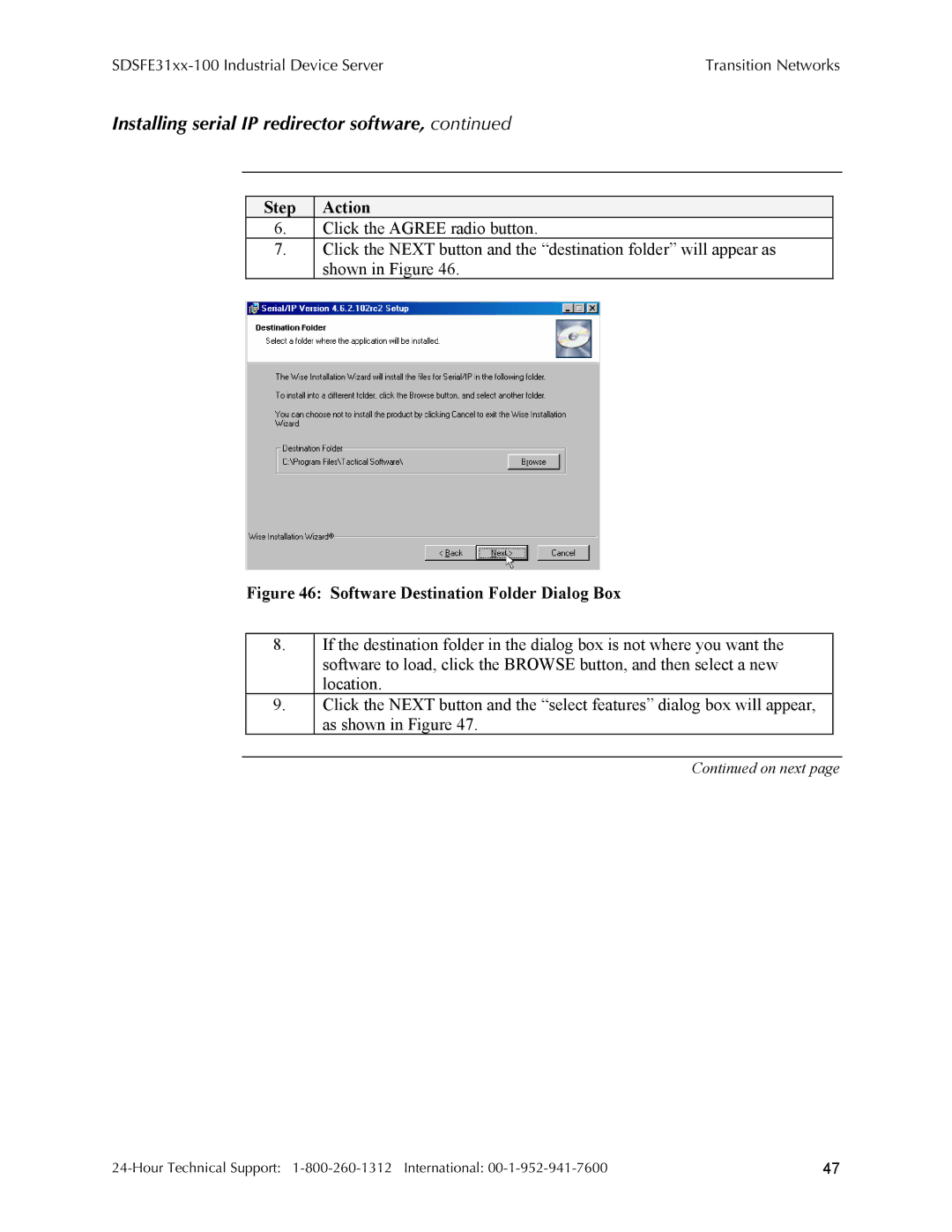 Transition Networks SDSFE31XX-100 manual Installing serial IP redirector software, Software Destination Folder Dialog Box 