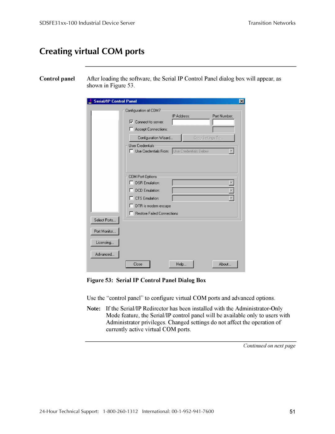 Transition Networks SDSFE31XX-100, RS-232-TO-100BASE-FX Creating virtual COM ports, Serial IP Control Panel Dialog Box 