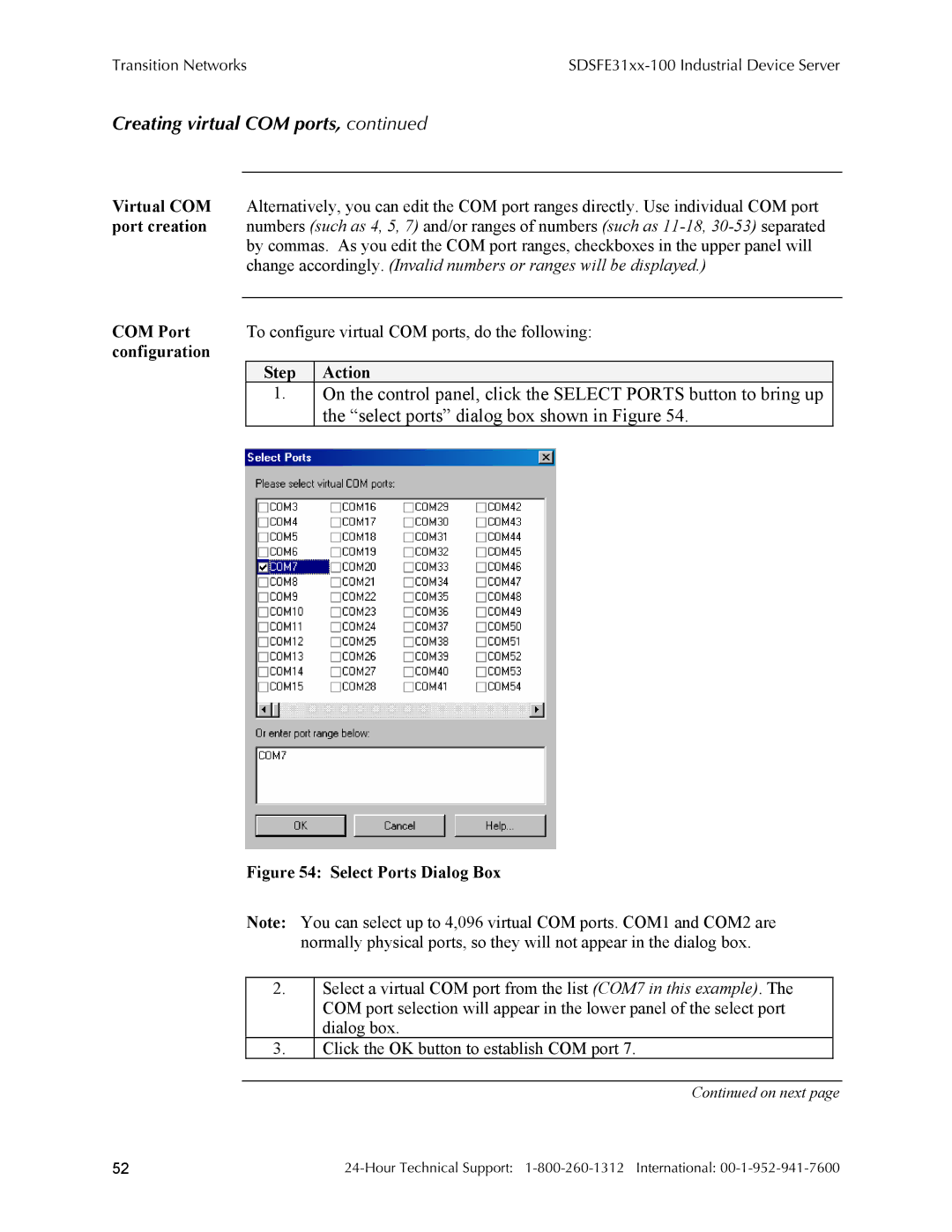 Transition Networks RS-232-TO-100BASE-FX, SDSFE31XX-100 manual Creating virtual COM ports, Select Ports Dialog Box 