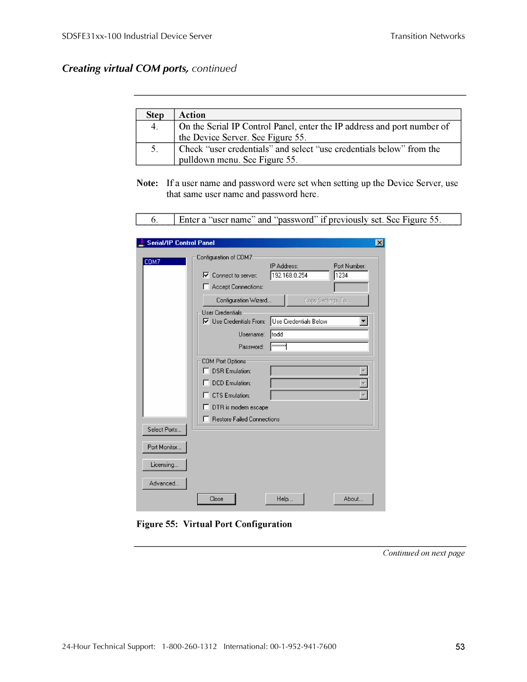 Transition Networks SDSFE31XX-100, RS-232-TO-100BASE-FX manual Virtual Port Configuration 