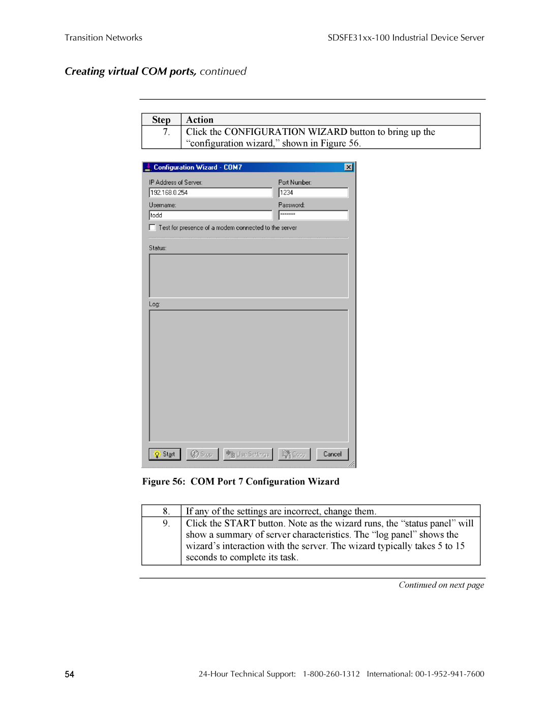 Transition Networks RS-232-TO-100BASE-FX, SDSFE31XX-100 manual COM Port 7 Configuration Wizard 