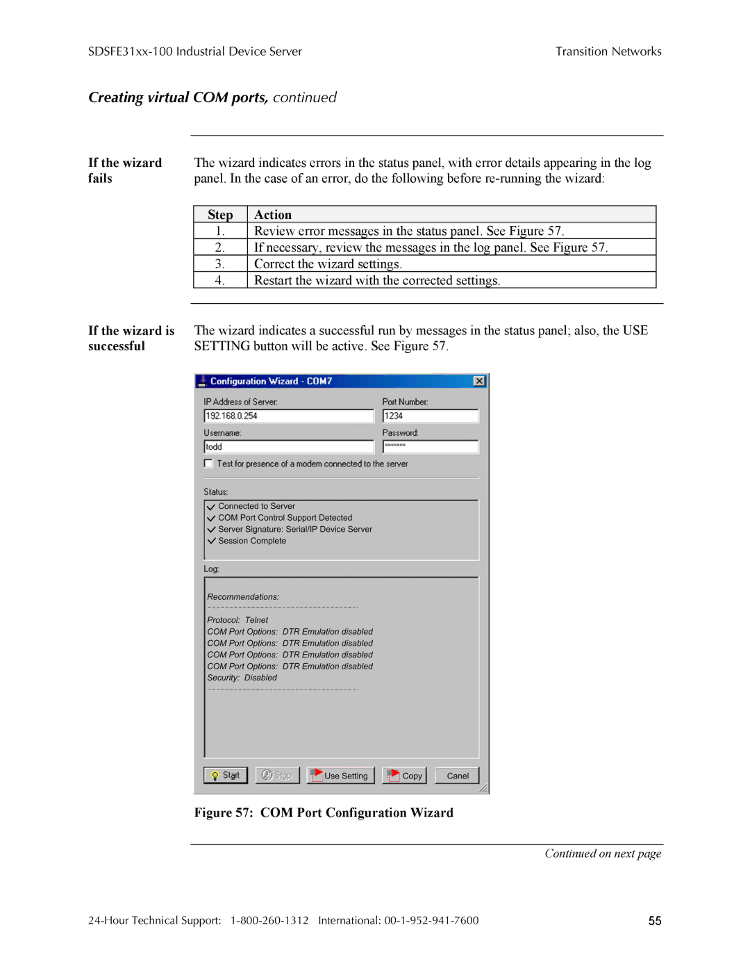 Transition Networks SDSFE31XX-100 manual Fails, If the wizard is, Successful, Setting button will be active. See Figure 