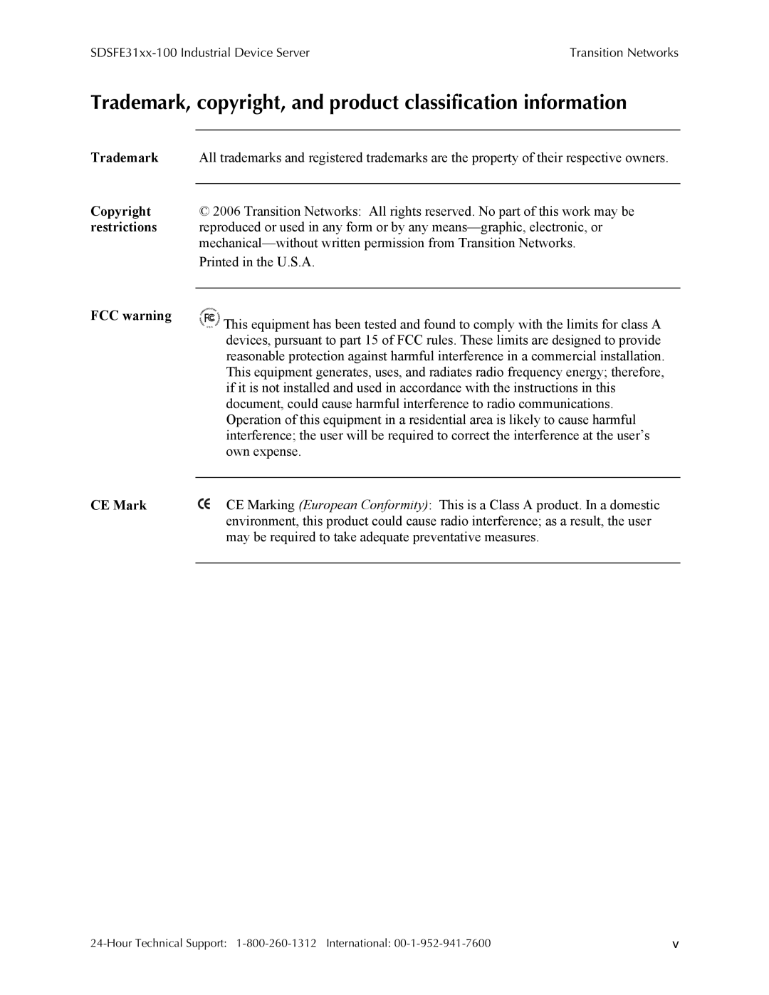 Transition Networks SDSFE31XX-100, RS-232-TO-100BASE-FX manual Trademark Copyright restrictions FCC warning, CE Mark 