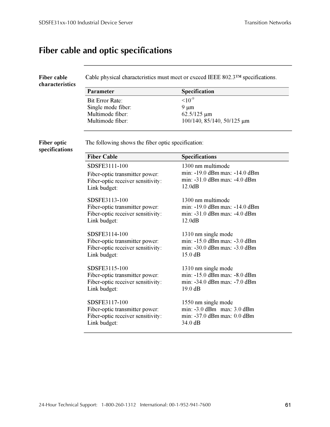 Transition Networks SDSFE31XX-100 Fiber cable and optic specifications, ParameterSpecification, Fiber Cable Specifications 