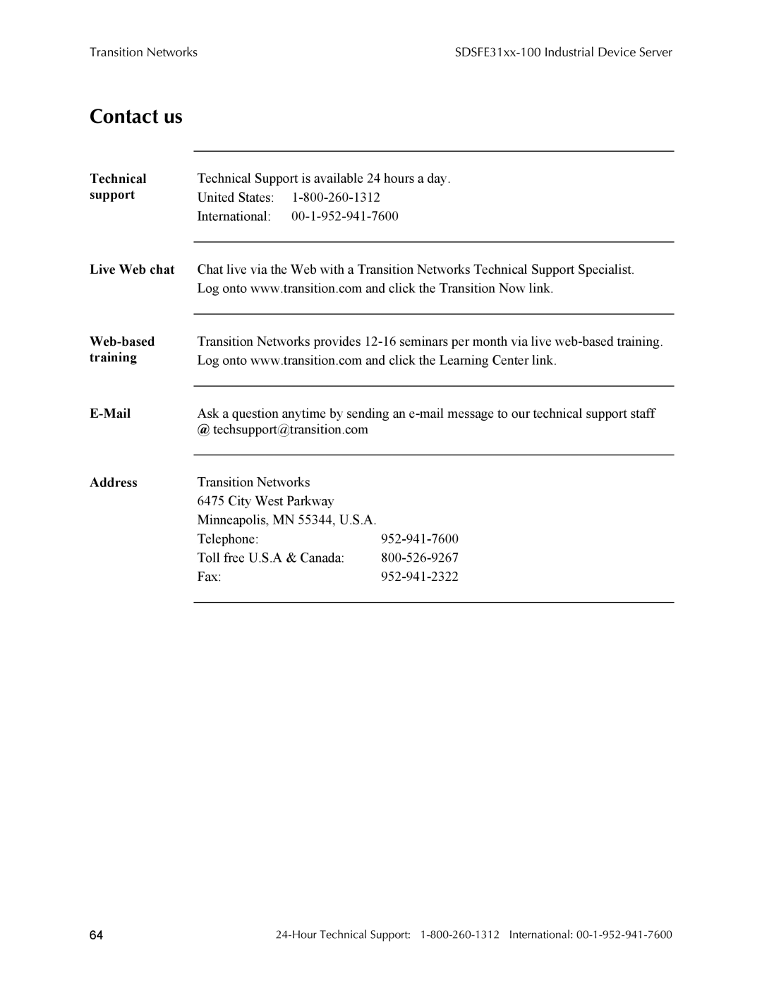 Transition Networks RS-232-TO-100BASE-FX, SDSFE31XX-100 manual Contact us 