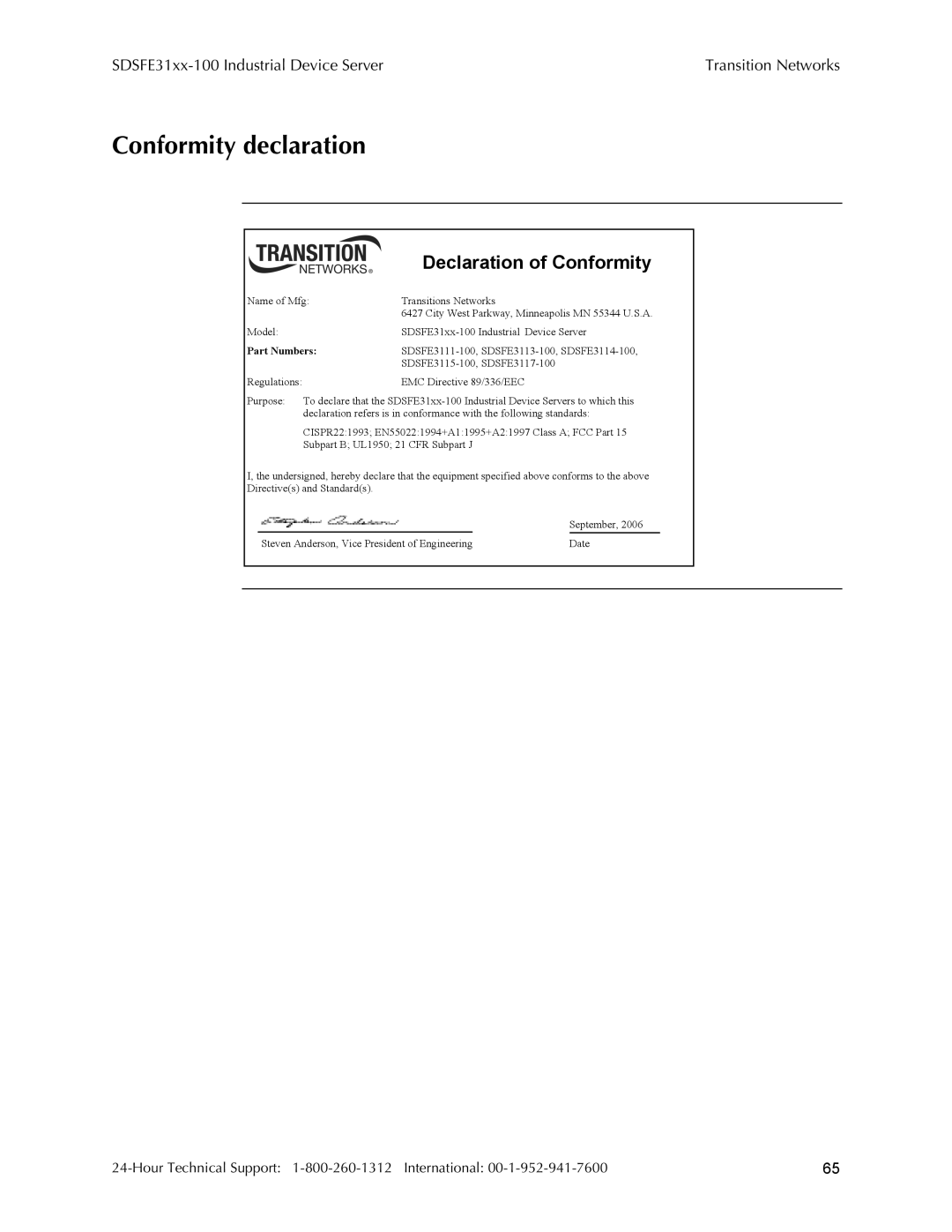 Transition Networks SDSFE31XX-100, RS-232-TO-100BASE-FX manual Conformity declaration, Declaration of Conformity 