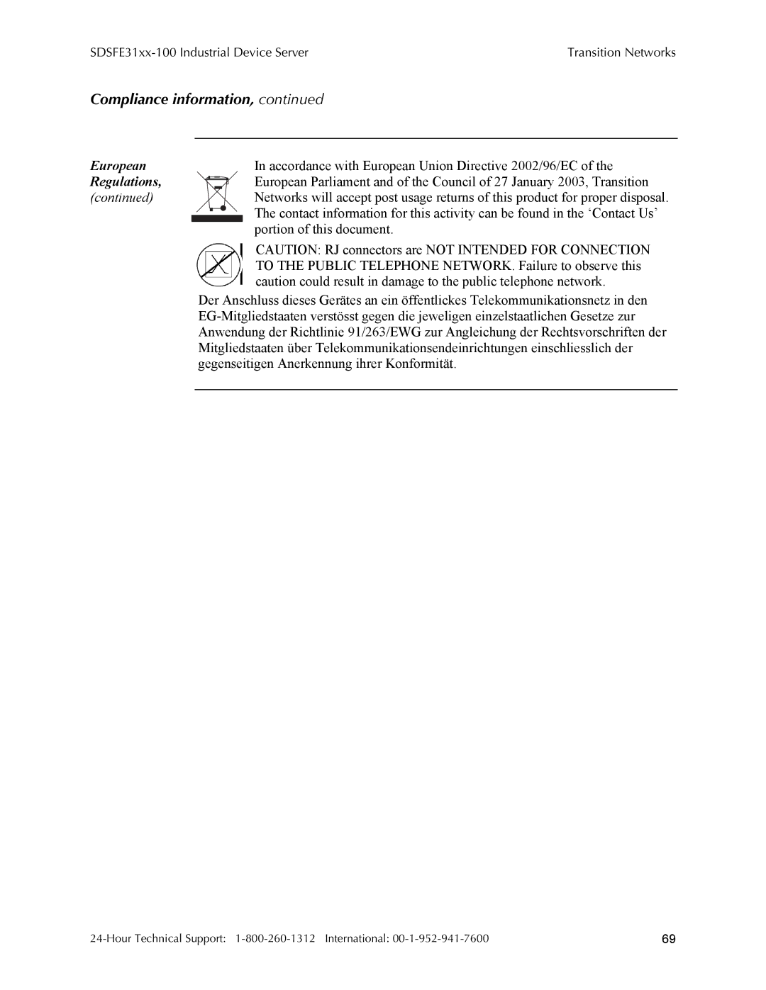 Transition Networks SDSFE31XX-100 manual Compliance information, Accordance with European Union Directive 2002/96/EC 