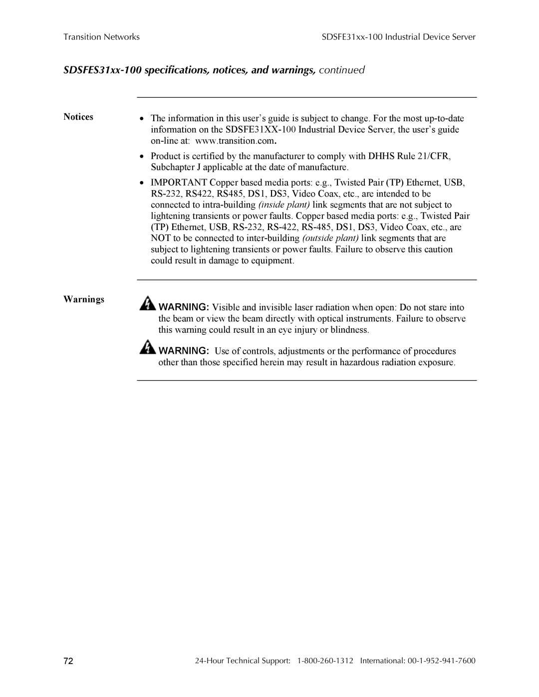 Transition Networks RS-232-TO-100BASE-FX, SDSFE31XX-100 manual SDSFES31xx-100 specifications, notices, and warnings 