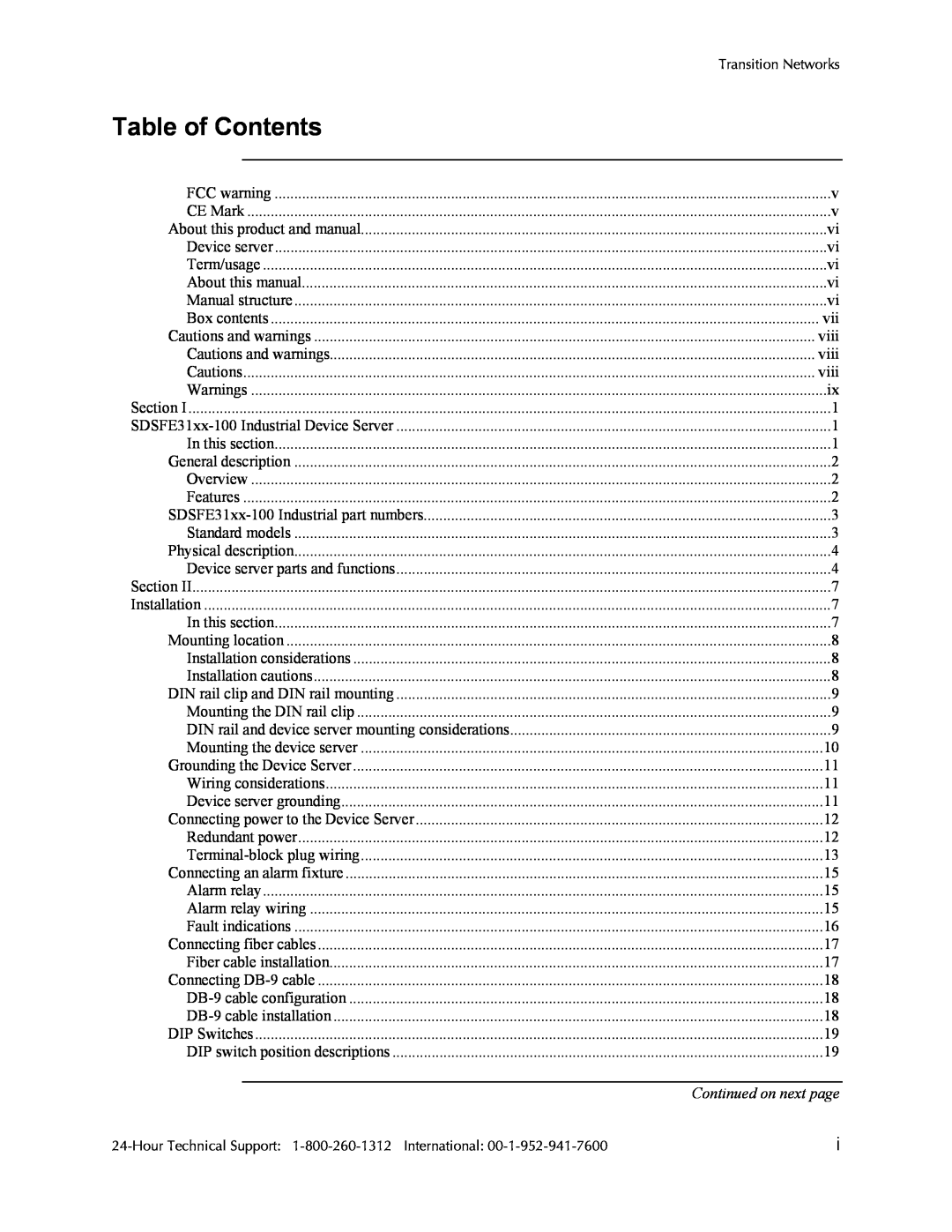 Transition Networks SDSFE31XX-100, RS-232-TO-100BASE-FX manual Table of Contents, Transition Networks 