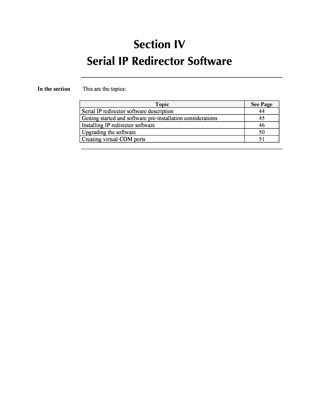 Transition Networks SDSFE31XX-100 manual Section Serial IP Redirector Software, In the section, Topic, See Page 