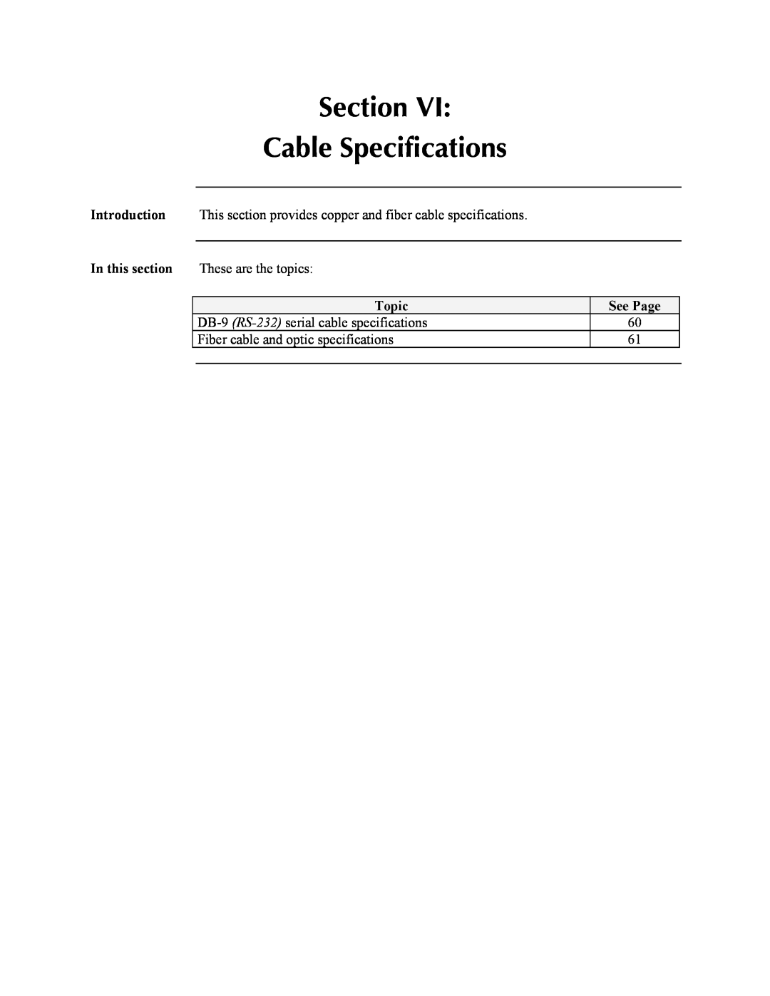 Transition Networks SDSFE31XX-100 manual Section Cable Specifications, Introduction, In this section, Topic, See Page 