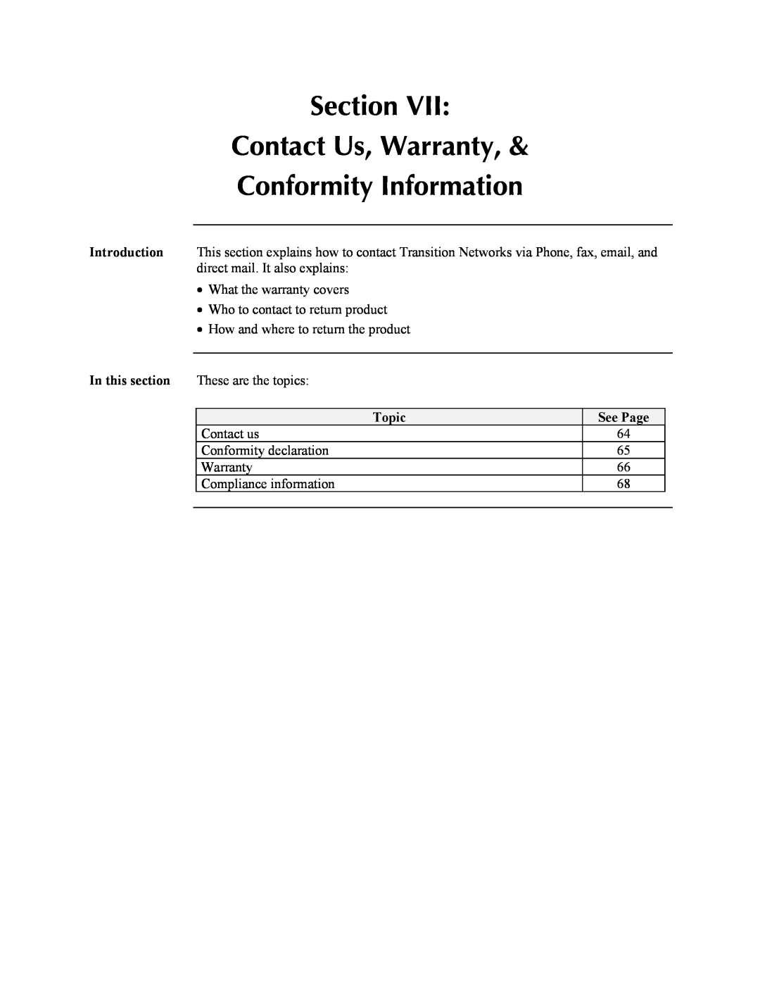Transition Networks SDSFE31XX-100 Section Contact Us, Warranty, Conformity Information, Introduction, In this section 
