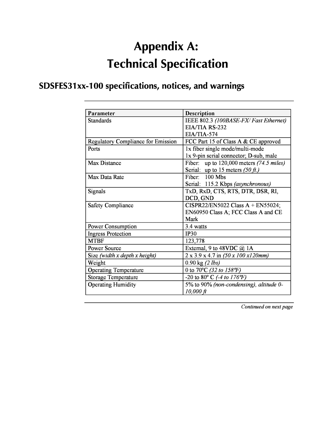Transition Networks SDSFE31XX-100, RS-232-TO-100BASE-FX manual Appendix A Technical Specification, Parameter, Description 