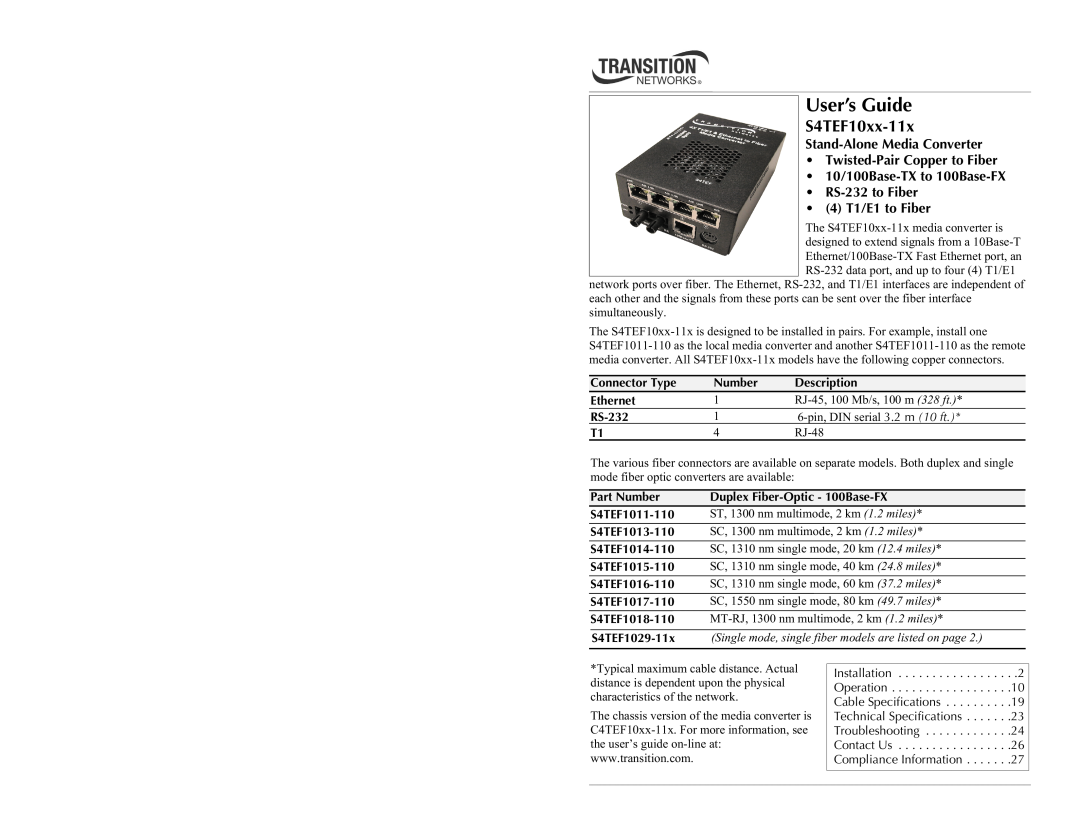 Transition Networks S4TEF10xx-11x specifications Single mode, single fiber models are listed on page, User’s Guide 