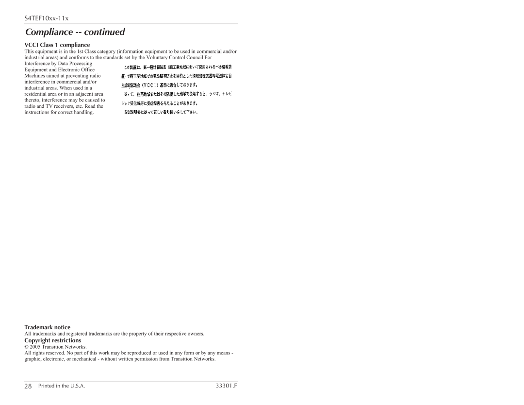 Transition Networks S4TEF10xx-11x specifications Compliance -- continued, VCCI Class 1 compliance, Trademark notice 