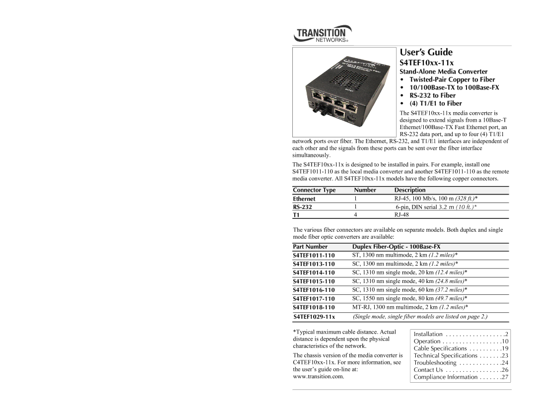 Transition Networks S4TEF10xx-11x specifications 