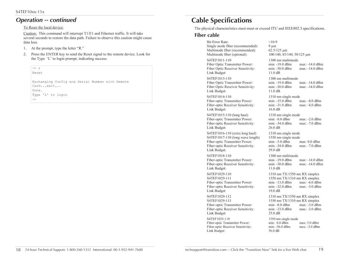 Transition Networks S4TEF10xx-11x specifications Cable Specifications, Fiber cable, To Reset the local device 