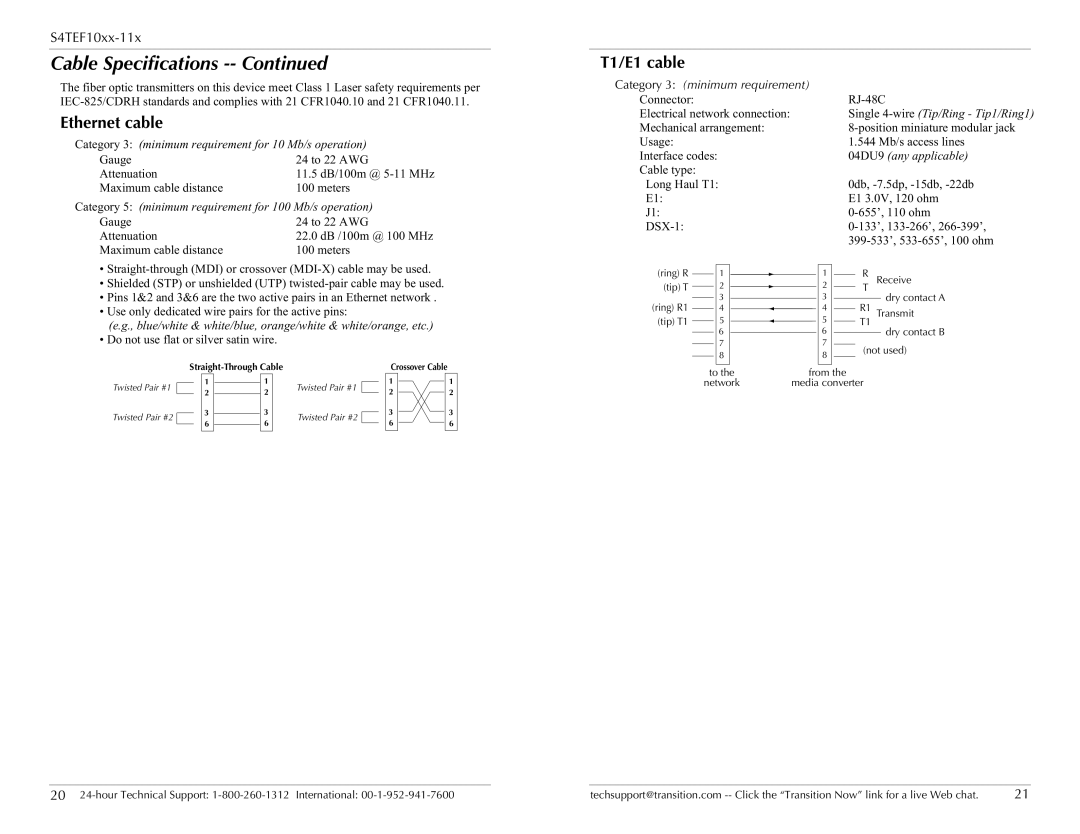 Transition Networks S4TEF10xx-11x specifications Cable Specifications, Ethernet cable, T1/E1 cable 