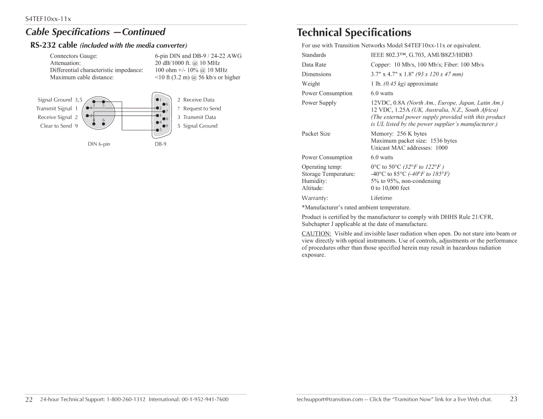 Transition Networks S4TEF10xx-11x specifications Technical Specifications 