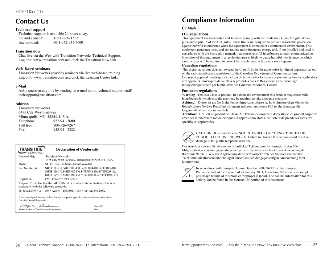 Transition Networks S4TEF10xx-11x specifications Contact Us, Compliance Information 