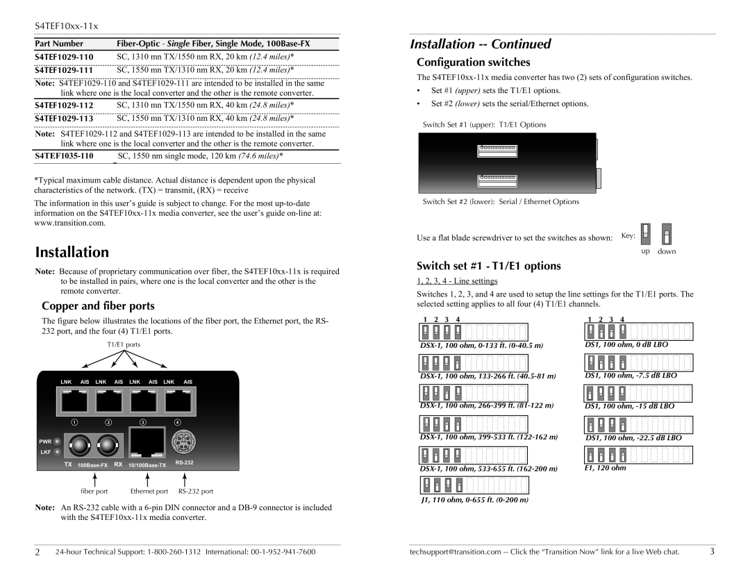 Transition Networks S4TEF10xx-11x specifications Installation, Copper and fiber ports, Configuration switches 