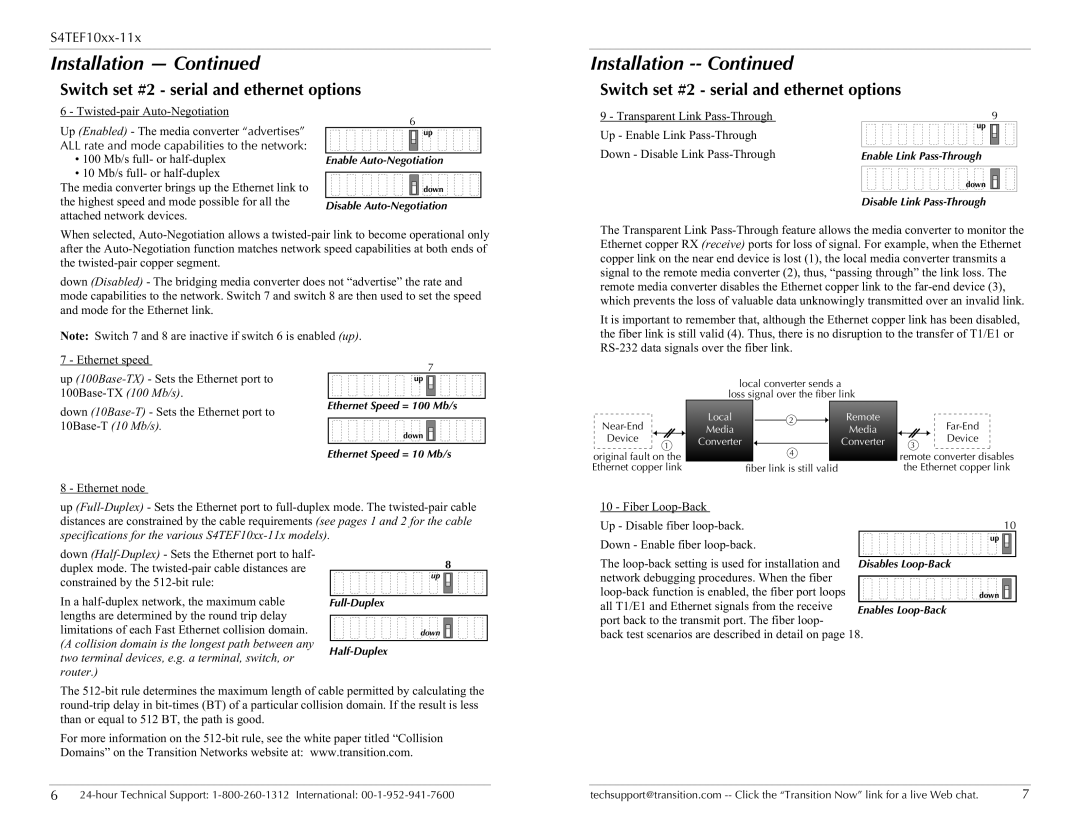 Transition Networks S4TEF10xx-11x specifications Switch set #2 serial and ethernet options, Twisted-pair Auto-Negotiation 