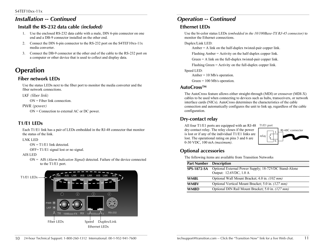 Transition Networks S4TEF10xx-11x specifications Operation 