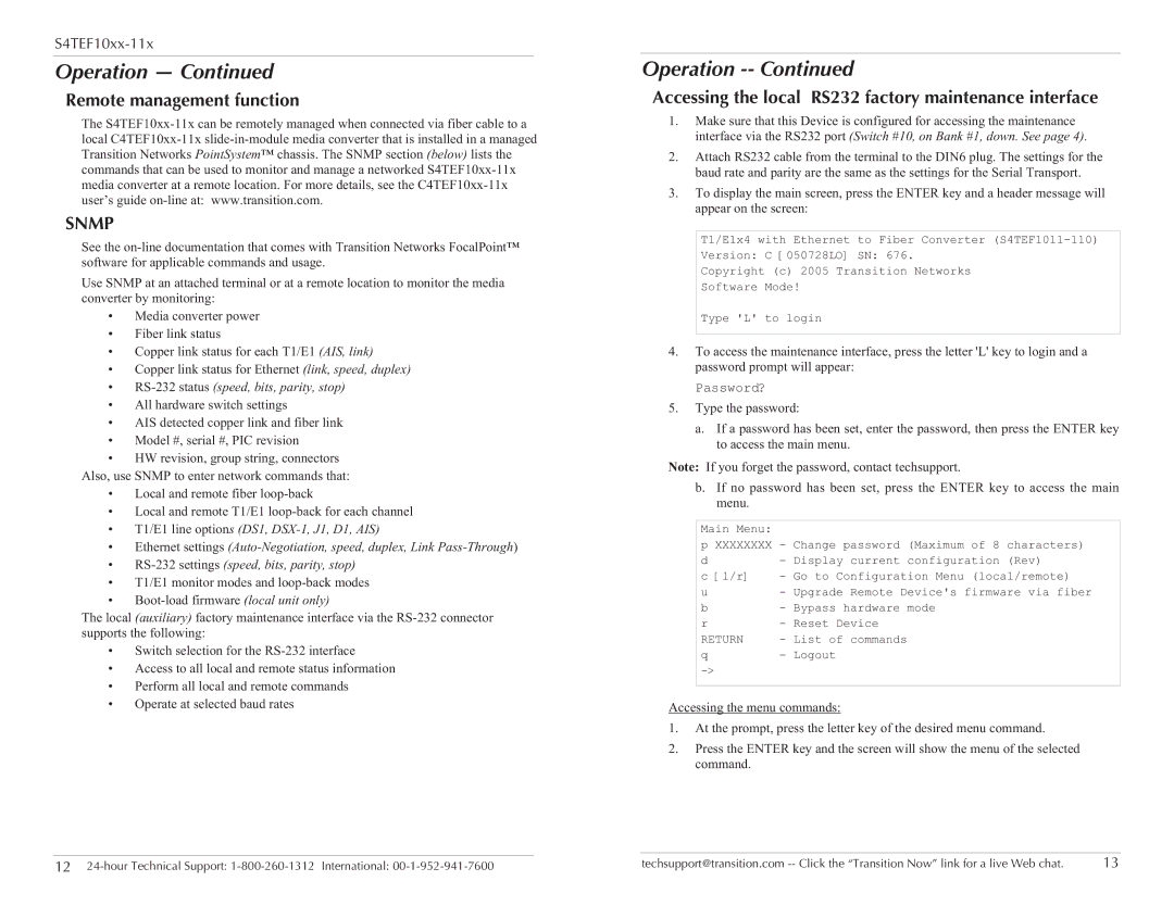 Transition Networks S4TEF10xx-11x Remote management function, Accessing the local RS232 factory maintenance interface 