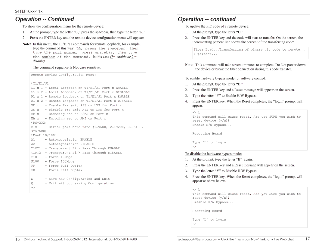 Transition Networks S4TEF10xx-11x specifications Number of the command, in this case 1= enable or 2 = disable 