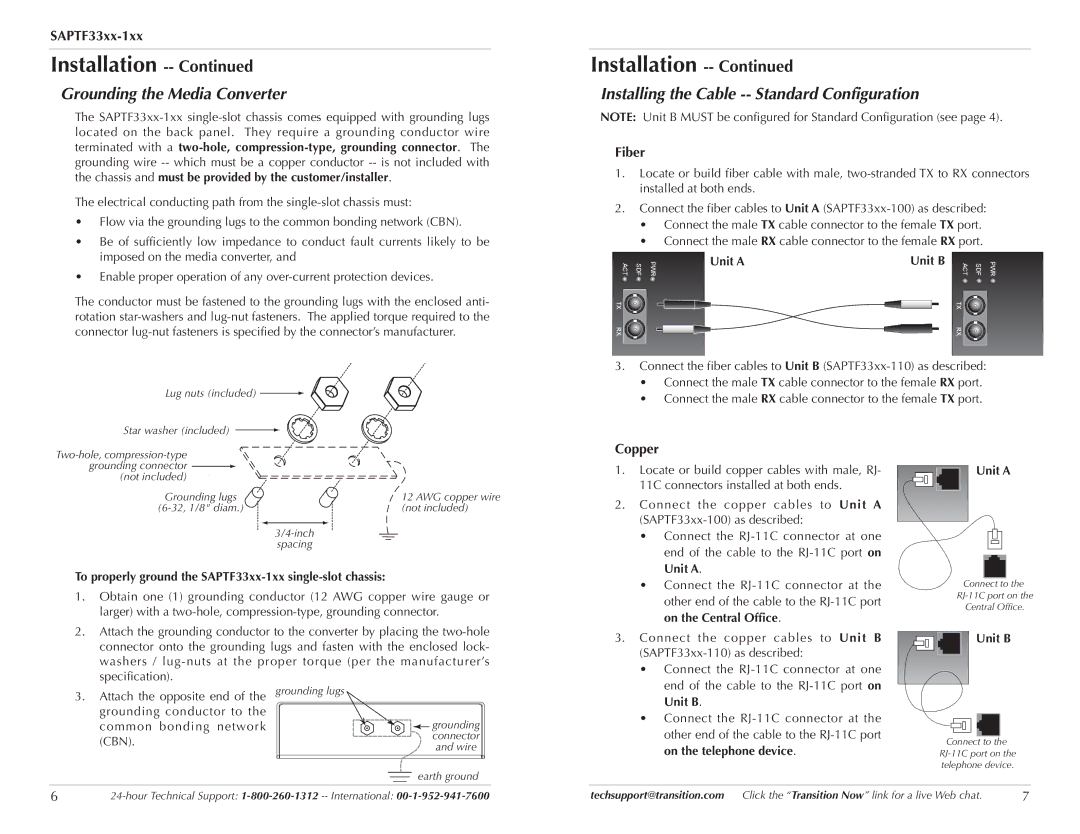 Transition Networks SAPTF33xx-100 Grounding the Media Converter, Installing the Cable -- Standard Configuration, Fiber 