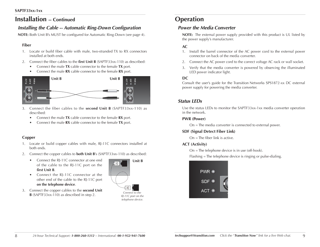 Transition Networks SAPTF33xx-110 manual Operation, Installing the Cable -- Automatic Ring-Down Configuration, Status LEDs 