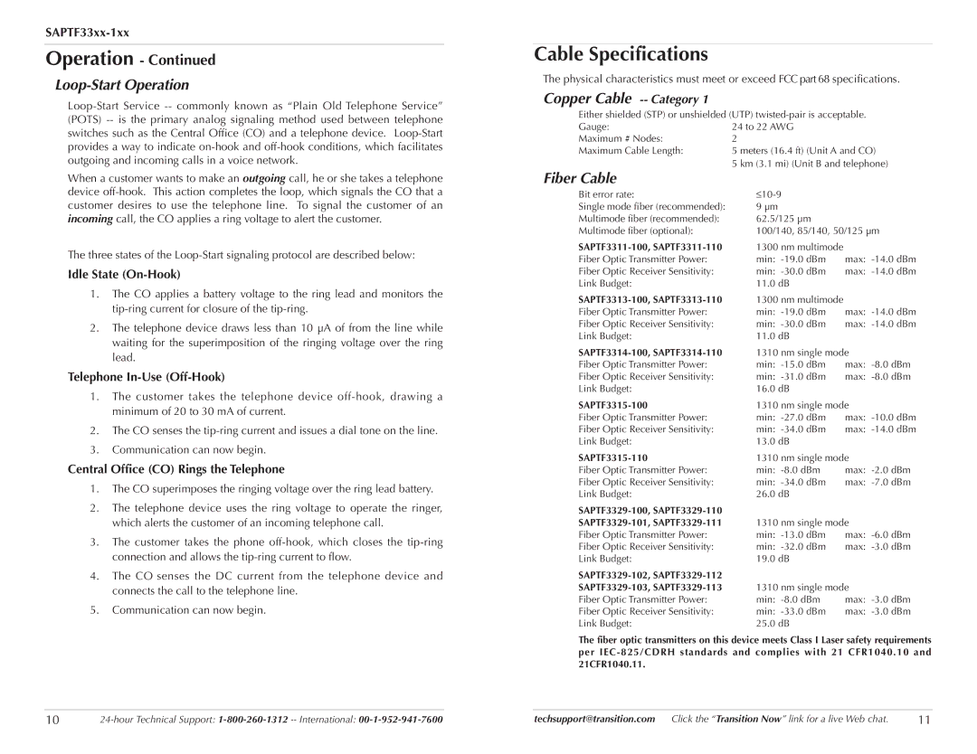 Transition Networks SAPTF33xx-100 manual Cable Specifications, Loop-Start Operation, Copper Cable -- Category, Fiber Cable 