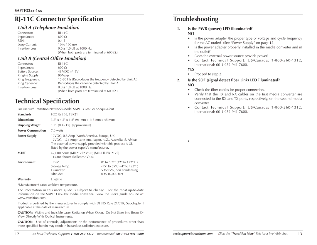 Transition Networks SAPTF33xx-110, SAPTF33xx-100 RJ-11C Connector Specification, Technical Specification, Troubleshooting 
