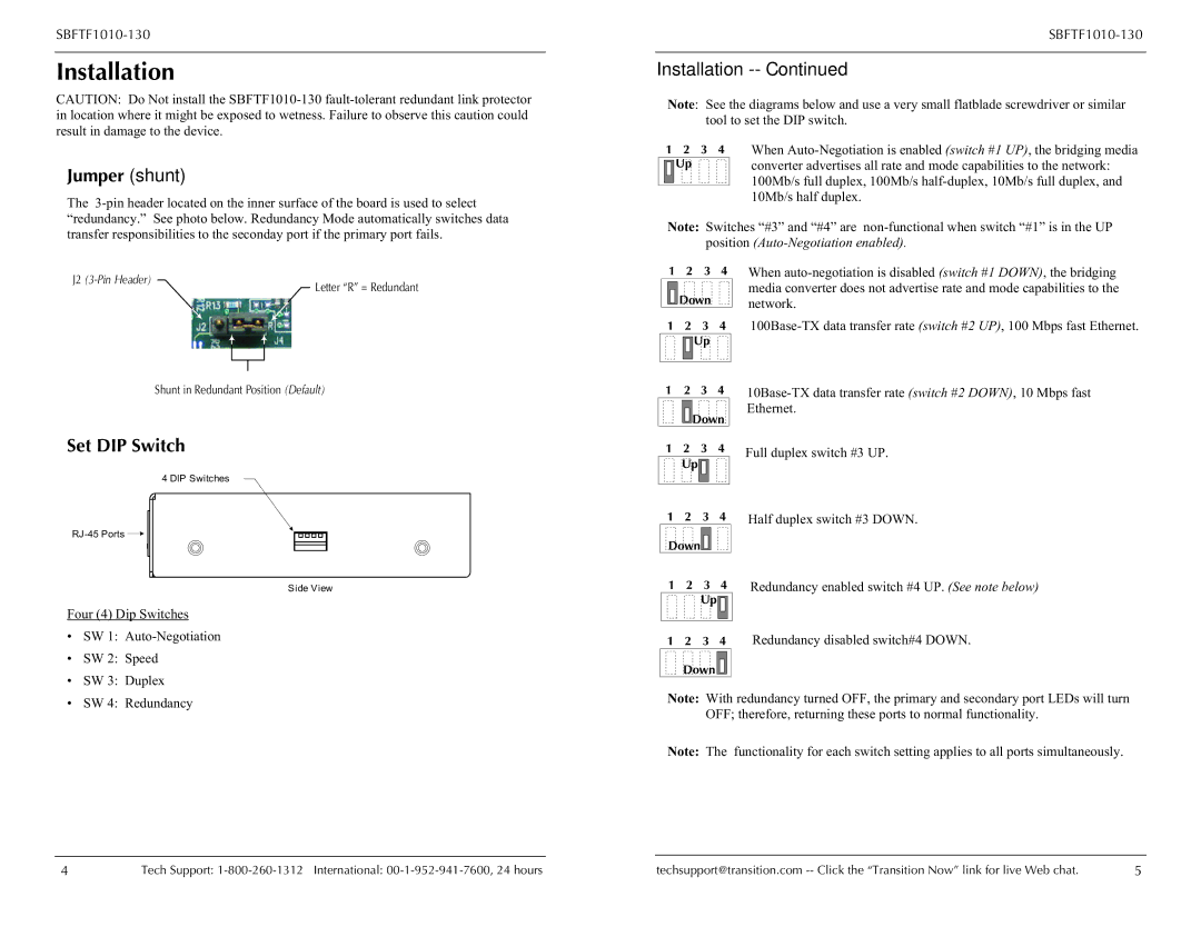 Transition Networks SBFTF1010-130 specifications Installation, Jumper shunt, Set DIP Switch 