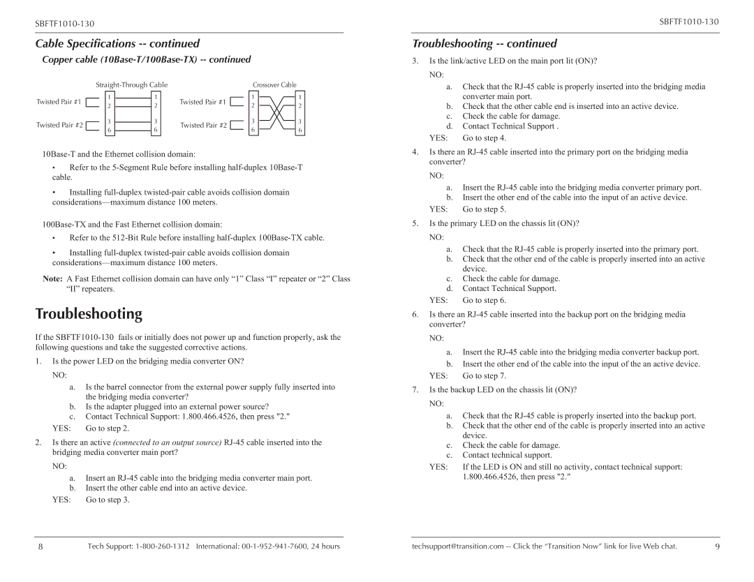 Transition Networks SBFTF1010-130 Troubleshooting, Cable Specifications, Copper cable 10Base-T/100Base-TX, Yes 