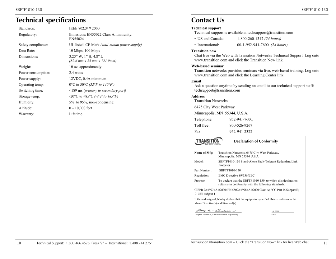 Transition Networks SBFTF1010-130 Technical specifications, Contact Us, Declaration of Conformity 