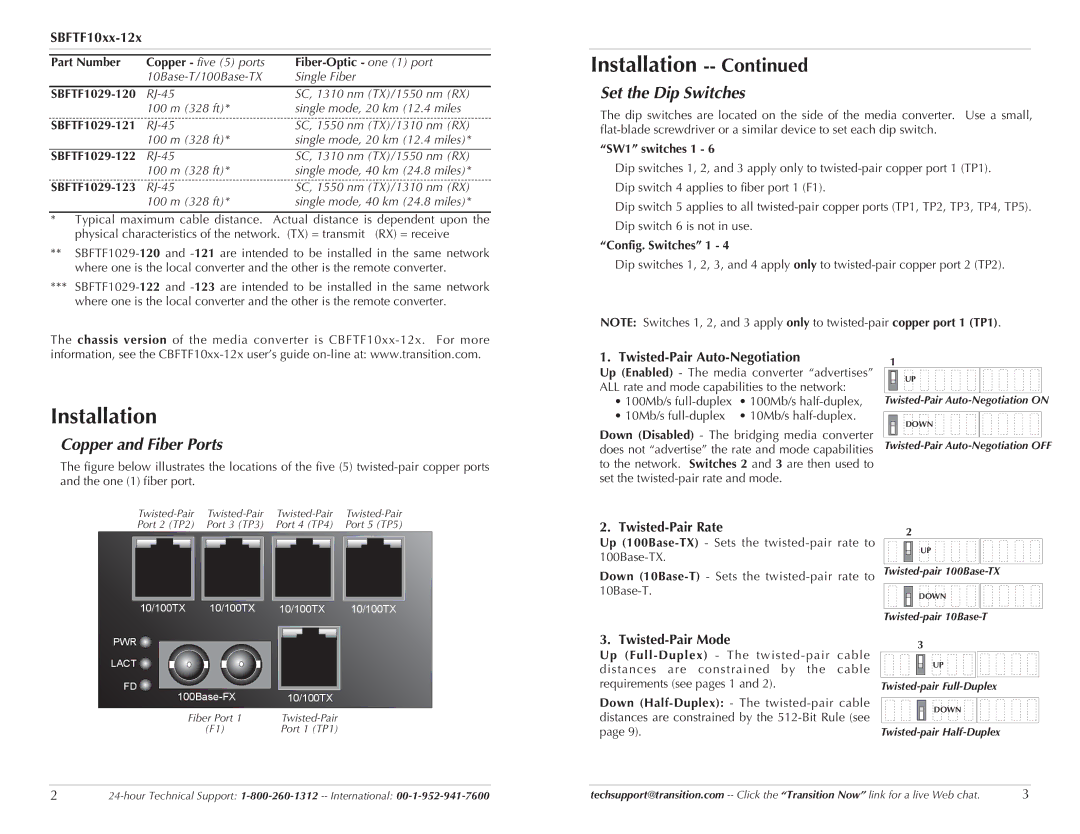 Transition Networks SBFTF1016-120, SBFTF1017-120, SBFTF1013-120 Installation, Set the Dip Switches, Copper and Fiber Ports 