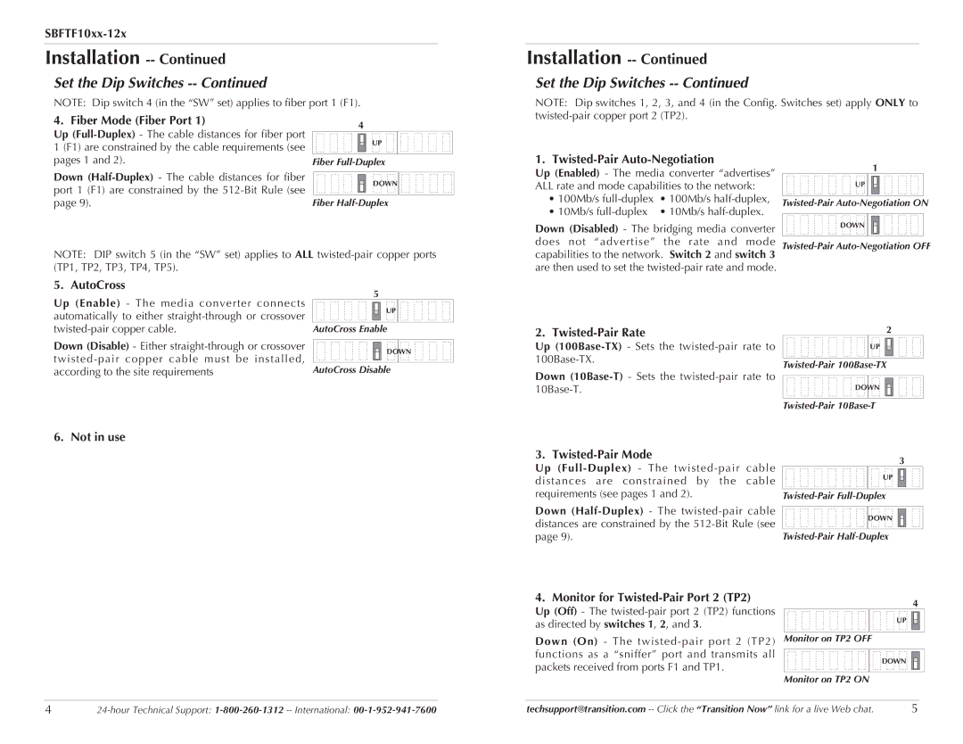 Transition Networks SBFTF1015-120, SBFTF1017-120 Fiber Mode Fiber Port, AutoCross, Not in use Twisted-Pair Mode 