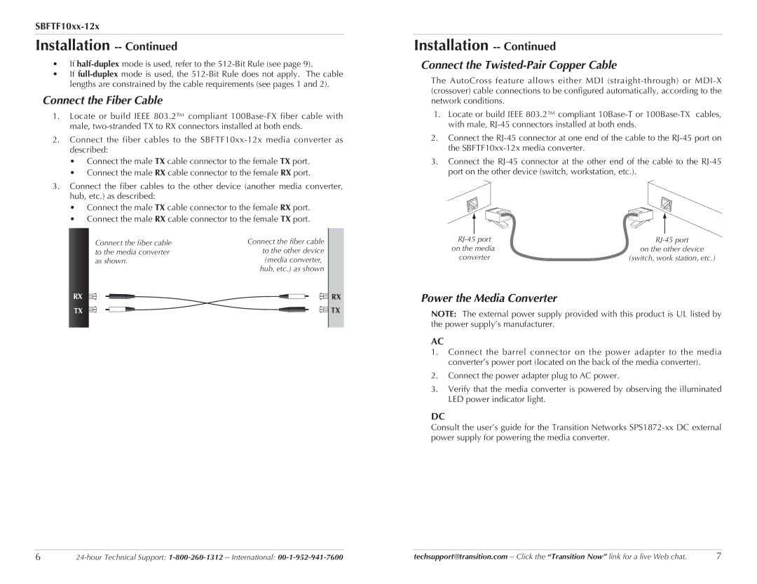 Transition Networks SBFTF1018-120, SBFTF1017-120 Connect the Fiber Cable, Connect the Twisted-Pair Copper Cable 