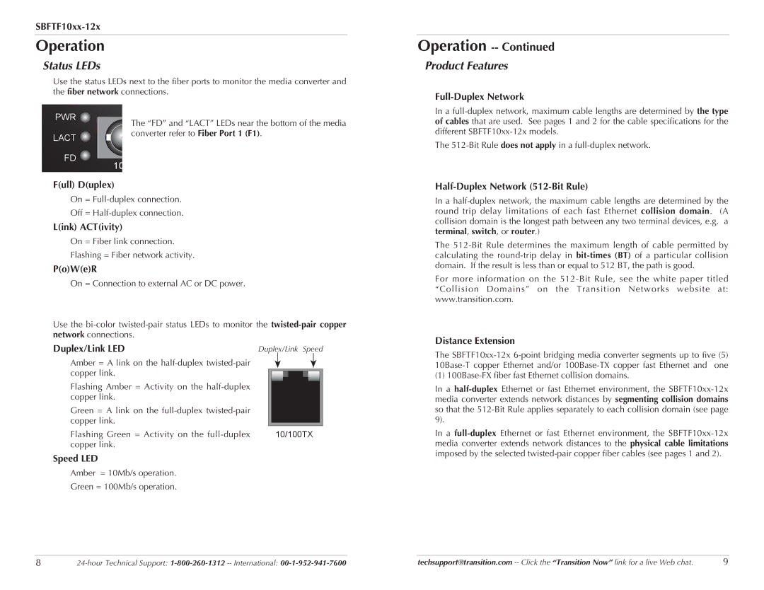 Transition Networks SBFTF1025-120, SBFTF1017-120, SBFTF1013-120, SBFTF1016-120 Operation, Status LEDs, Product Features 