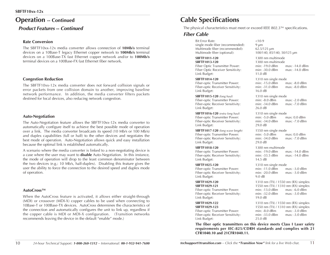 Transition Networks SBFTF1011-120, SBFTF1017-120 Cable Specifications, Fiber Cable, Rate Conversion, Congestion Reduction 