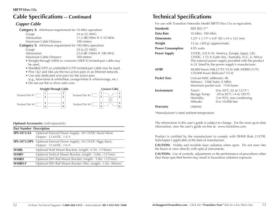 Transition Networks SBFTF1014-120, SBFTF1017-120, SBFTF1013-120, SBFTF1016-120 Technical Specifications, Copper Cable 