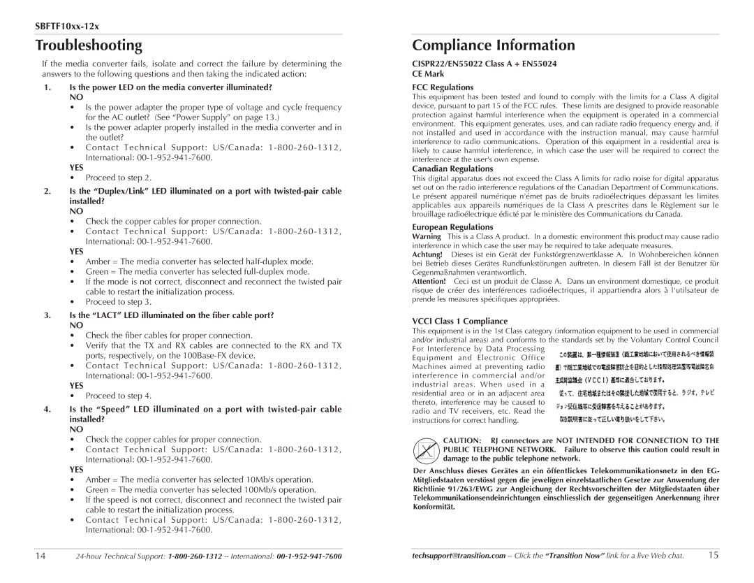 Transition Networks SBFTF1017-120, SBFTF1013-120, SBFTF1016-120, SBFTF1015-120 Troubleshooting, Compliance Information 