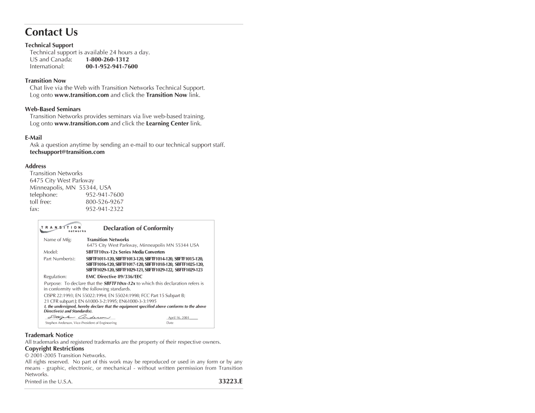 Transition Networks SBFTF1013-120, SBFTF1017-120, SBFTF1016-120, SBFTF1015-120, SBFTF1018-120 Contact Us, 33223.E 